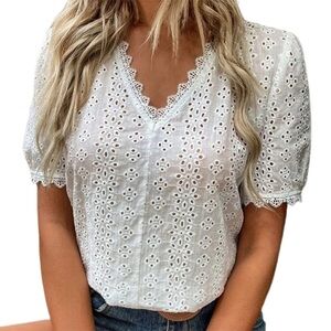 Guipure Lace Insert Puff Sleeve Schiffy Blouse Ivory Eyelet Crochet Sheer Boho S